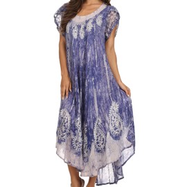 Sakkas 15900 - Bree Long Embroidered Cap Sleeve Marbled Dress - Indigo - OS