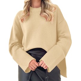 GoyRrbay Women's Crewneck Oversized Sweaters Long Sleeve Split Hem Knit Pullover Tops Apricot