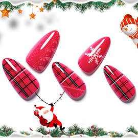 Red Press on Nails Short Almond for Christmas-GLAMERMAID Snow Red Fake Nails Medium with Design, Plaid Snowflake Acrylic False Nails Kit, Stick Glue on Nails Set for Women Girlfriend New Year Gift