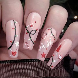 Christmas Square Press on Nails Medium, Artificial Glossy Fake Nails with Xmas Tree Heart Star Designs, Nude Coffin Acrylic False Nails for Winter Holiday, False Fingernails Glue Nails for Women