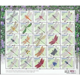 Prophila Collection Malaysia 987A-1011A Small Sheet (Complete Edition) Mint NH 2000 Dragonflies (Stamps for Collectors) Invertebrates Other (Insects, Snails, Bees etc.)