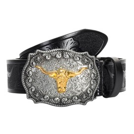Western PU-Leather Cowboy Cowgirl Buckle Belt for Men Women Jeans - Engraved Floral Golden Longhorn Bull Texas Buckle Belt