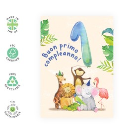 Central 23 Biglietto di auguri per 1° compleanno per bambini - 'BUON PRIMO COMPLEANNO' - Biglietto di auguri per ragazza e ragazzo - 1 anno - Animali della giungla - di