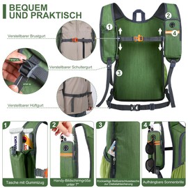 BECOJADDE 15L Hiking Backpack Men's Small Backpack Women's Lightweight Daypack Daypack Foldable Trekking Backpack for Camping Outdoor Hiking Travel, olive green, 20 l