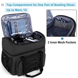 DSLEAF Bowling Bag for 2 Balls, Bowling Tote with Wooden Bowling Cups and Padded Divider for Double Ball and A Pair of Bowling Shoes Up to Mens 16 and Extra Essentials (Patent Design), Bag Only