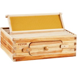 VEVOR 10 Frame Medium Super Bee Hive Box, Bee Box Dipped in 100% Beeswax, Langstroth Beehive Kit with 10 Frames and Foundations and Transparent Acrylic Windows for Beekeeping Supplement
