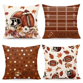 4TH Emotion Fall Pillow Covers 18 x 18 Inch Set of 4, Football Touch Down Farmhouse Decorations Autumn Leaves Thanksgiving Holiday Decor Throw Cushion Case for Home Couch S24F23
