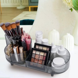 Cosmetic Makeup Storage Organizer, Countertop Makeup Perfume, Rotating Makeup Organizer for Vanity with Brush Holder, Lotions Display Case, Large Spinning Makeup Skincare Organizer (Transparent Black)