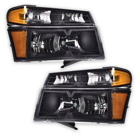 PIT66 Headlight Assembly Compatible with 2004-2012 Chevy Colorado/04-12 GMC Canyon/06 Isuzu i-280 i-350/07-08 Isuzu i-290 i-370 Clear Lens Black Housing Amber Reflector Halogen Headlamp