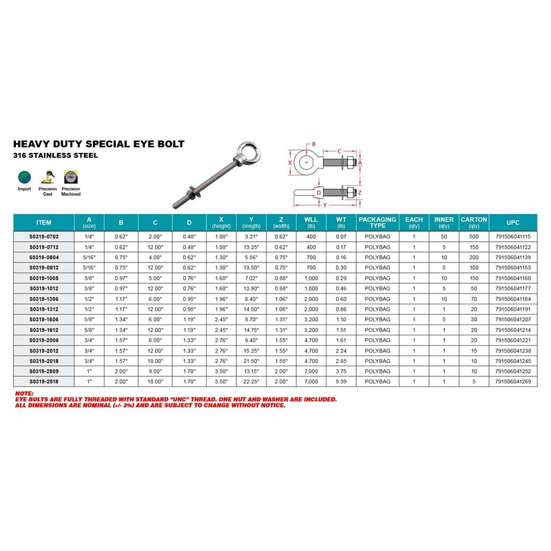 HEAVY DUTY STAINLESS EYE BOLT 5/8" X 12" (S0319-1612)
