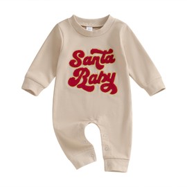 Lamuusaa Newborn Baby Girl Boy Christmas Outfit Santa Baby/Merry Mini Embroidery Romper One Piece Jumpsuit Fall Clothes (Khaki, 3-6 Months)