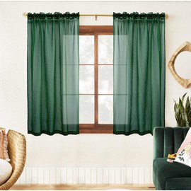 XTMYI Green Sheer Kitchen Curtains 48 Inch Length 2 Panels,Xmas Short Lightweight See Through Curtains for Dining Room Kids Room Bathroom Window