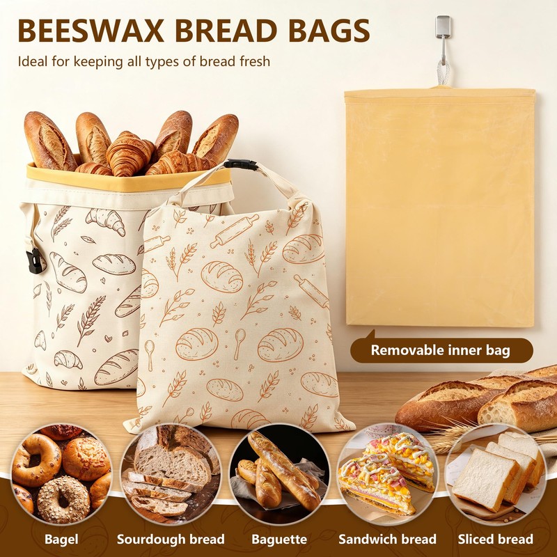 2‑Pack Beeswax Bread Bags, Detachable, for Keeping Bread Fresh