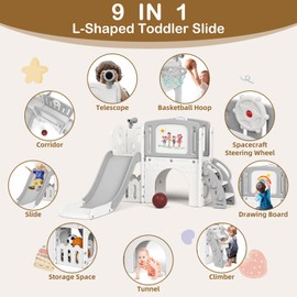 Glaf Toddler Slide Indoor 9 in 1 Kids Slides for Toddlers Age 1-3 Baby Playground Outdoor Playset with Climber Basketball Hoop Telescope Drawing Board and Storage Space for Backyard (Grey)