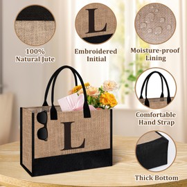 Initial Jute Tote Bag & Makeup Bag, Birthday Gifts for Women Her Mom Teachers Friends (L)