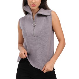 CUFEZN Women's Half Zip Knit Sweater Vest Sleeveless Mock Neck Twist Front Pullover Tank Tops CUS00073 Grey Large