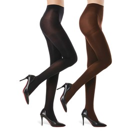 WAKUNA 2 Pairs of Opaque Tights for Women - 40D Microfiber Control Top Tights, Black & Brown