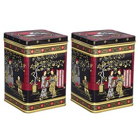 tea4chill Set of 2 Tea Canisters for Loose Tea 500 g, Spice Jars, Black Japanese, Metal, Square with Hinged Lid, 102 x 102 x 146 mm (L x W x H)