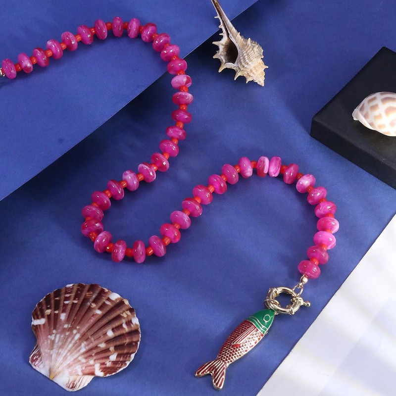 INENIMARTJ Hot Pink Chunky Beaded Fish Pendant Choker Necklace for