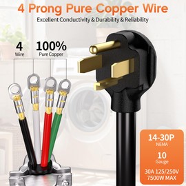 Deeklify 10FT 4 Prong Dryer Cord, Pure Copper, NEMA 14-30P Plug, ETL Listed