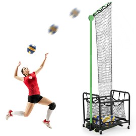Soulchen Volleyball Setter Training Equipment Volleyball Practice Net with Portable Cart with Wheels 2 Target Hoop Size 5 Angle and Adjustable Height Ball Collection Bag for Indoors and Outdoors