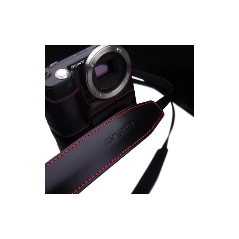 GARIZ 本革カメラネックストラップ XA-CHLSS2 ブラックレッドステッチ