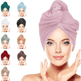 LUXURY Hair Towel Wrap 100% Cotton, Instant Drying Lightweight Turban Cap Super Quick Absorbent Anti-Frizz Twist Toweling Dry Hat with Button Loop for Long Curly Hairs, 62CM x 23CM Pink Single