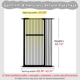 Lumizone Extra Tall Pet Gate 55.12" High Pressure Mounted 38.39"-42.51" Extra Wide (9 Sizes) 1.37" Gap for Cat Dog Stairs Doorway Hallway No Drilling Auto-Close (38.39"-42.51" W, Black)