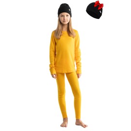 Merino Wool Base Layer Kids Set - Midweight Unisex Merino Wool Thermal Underwear For Kids Top, Bottom, Cuff Beanie (Medium, Mango Tango)