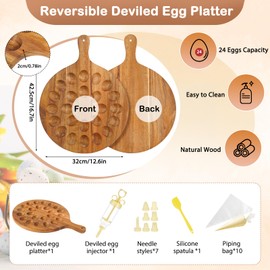 Reversible Wood Deviled Egg Platter Charcuterie Board, 24 Slots Deviled Egg Tray with Injector Piping Tool Silicone Spatula Piping Bag for Easter Party Essentials (16.7''x12.6''x0.78''. 24 Slots)