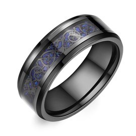 Adreamz 8mm Black Tungsten Carbide Ring for Men Women Blue Carbon Fiber Celtic Dragon Inlay Promise Wedding Band Beveled Edges Polished Comfort Fit Ring Size 14