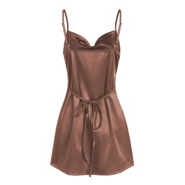 ZAFUL Women's Satin Sleeveless Spaghetti Strap Mini Dress Sexy Slip Cowl Neck Silky Cocktail Party Dresses(Brown-F, S)