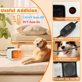 FHTONGE Thermostatic Outdoor Dog House Heater, 200/400W Pet Hut Warmer with 6.6Ft Anti-Bite Cord, Digital Display Dog Kennel Warmer Chicken Coop Heater for Outside Rabbit Pen Cat Hut Warm in Winter