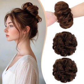 Qunlinta 2 PCS Large Messy Bun Hair Piece, Thick Wavy Curly Hair Bun Scrunchies Extensions Synthetic Chignon Updo Hairpieces for Women Girls Light Brown Mix Mid Brown