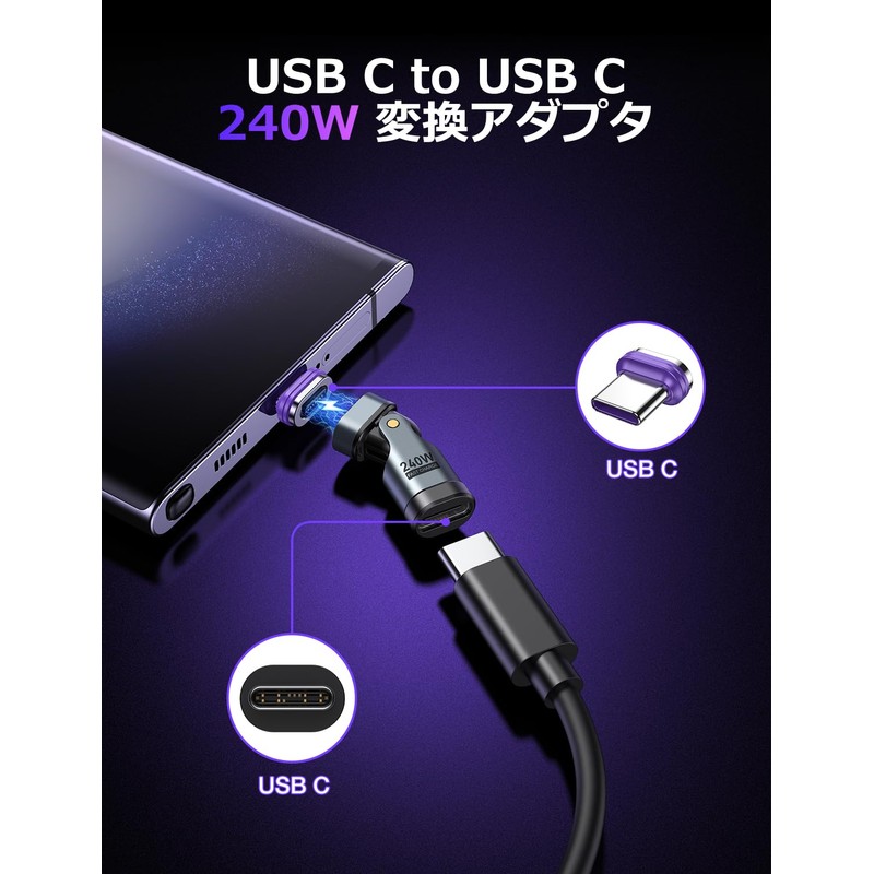 AUFU Magnet, USB-C Conversion Adapter, L-Shaped, 180° Rotation, PD240W, Type