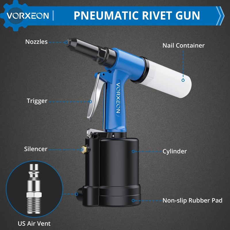 VORXEON Pneumatic Rivet Gun Set 3/32", 1/8", 5/32", 3/16" Air