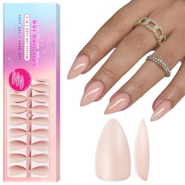 SXVME Soft Gel Nail Tips Medium Almond 300Pcs Pre-applied Tip Primer Nail Tips, Natural Nude Pink Colored Gel Tips Acrylic Fake Nails Extensions False Nails Press ons for Easy DIY