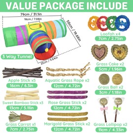 Ousiya 26-in-1 Natural Rabbit Toys with Rabbit Tunnel Set, Various Rabbit Chew Toys Boredom Breakers Collapsible Rabbit Tunnel and Hides for Rabbit, Hamster, Guinea Pig Small Animals Teething Activity