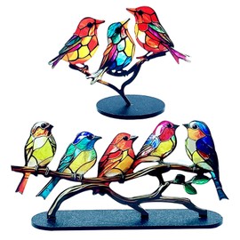 DALAETUS 2 Pcs Colorful Birds Ornament for Home Office Gift,Acrylic Birds On Branch Desktop Ornaments for Living Room Cabinets,Vivid Birds Sculpture Ornaments for Bird Lover(3 Birds and 5 Birds)