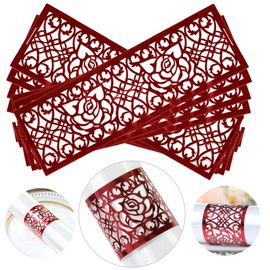 Morbanner Red Disposable Rose Flower Leaf Paper Napkin Rings，Laser Cut Foil Paper Napkin Holder for Wedding Party Dinner Table Decor,Special Events and Christmas (60 Pcs)