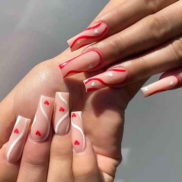 Brishow False Nails Long False Nails Red Heart Ballerina Acrylic Press on Nails 24 Pieces for Women and Girls (b)