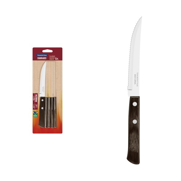 Tramontina 21198/915 Polywood Heavy Duty Natural Wood Handle Steak Knife, 8.3 inches (21 cm), Dishwasher Safe, 3 Degree Heat Treatment Knives, Dark Brown, Dishwasher Safe, Shock Resistant, Lightweight, Natural Wood, Made in Brazil