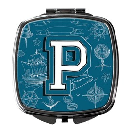 Caroline's Treasures CJ2014-PSCM Letter P Sea Doodles Initial Alphabet Compact Mirror Decorative Travel Makeup Mirror for Women Girls Gifts Pocket Makeup Mirror Folding Handheld