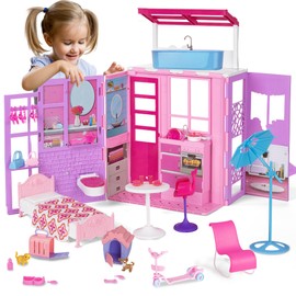 Doll House for 11.5-inch Dolls, 2-Story Foldable Dollhouse with 37 pcs Furnitures & Accessories, Playhouse with Pet House, Gifts for Girls Kids Toddlers