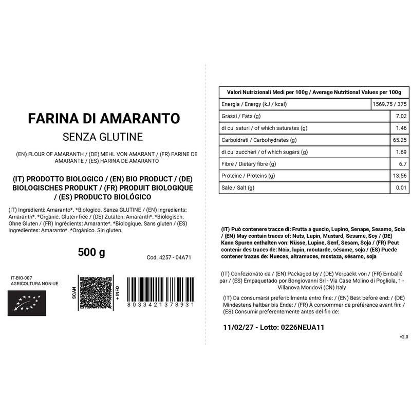 BONGIOVANNI FARINE E BONTA' NATURALI Farina di Amaranto BIO senza