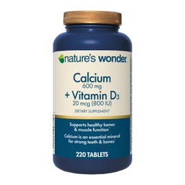 Nature's Wonder Calcium 600 mg with Vitamin D3 20 mcg for Bone Health, 220 Tablets