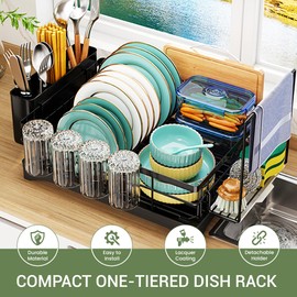 DINEST 1 Tier Dish Drying Rack with Drainboard – Rust Resistant Iron Kitchen Dish Rack with 270° Rotating Spout, Utensil & Plate Holders – Compact Drying Rack for Kitchen Counter - Black