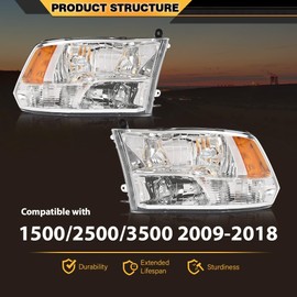 CNNELL Front Headlights Assembly Left & Right Pair w/Bulbs Compatible with Dodge Ram 1500 2500 3500 2009-2018 Factory Style