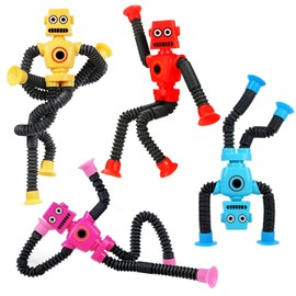 Stress Relief Fidget Toys Tubes Robot Toys 4 Pieces Telescopic Suction Cup Robot Toys Party Bag Filler for Boys Girls Squishy Toys Robot Shape Changing Telescopic Tube