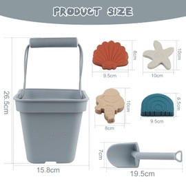 SWAWIS 6 Pecices Sand Spielzeug Set, Blaugrau Weich Silikon Strand Spielzeug für Kleinkinder Jungen Mädchen, Sand Eimer, Schaufel, Meerjungfrau, Seestern, Muschel, Regenbogen Sandkasten Outdoor-Spiele
